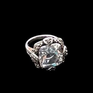 Suspicion Sterling Silver White Cushion Quartz and Marcasite Ring